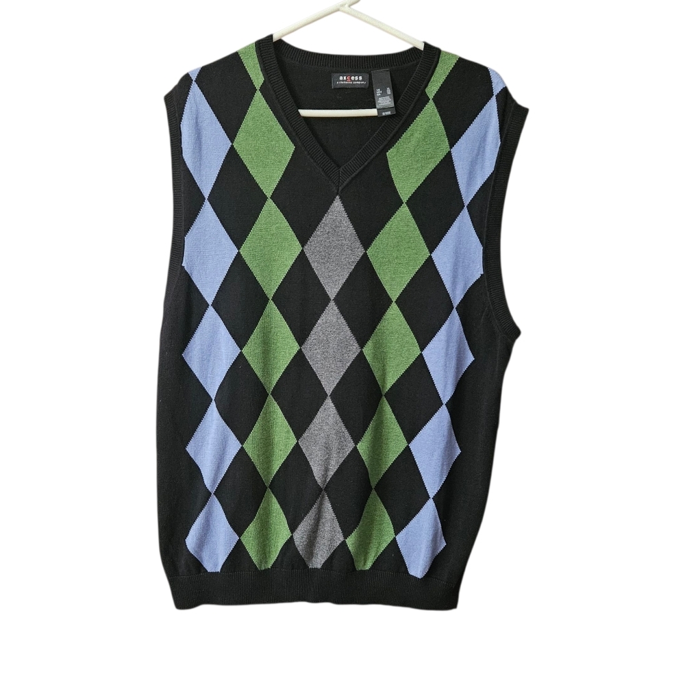Axcess Men's Argyle Sweater Vest NEW V-Neck Size XL Cotton Black Green Gray Blue